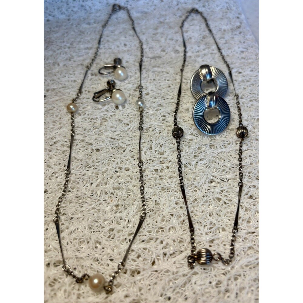 Vintage Pair Silver Tone Necklaces, One Pearl Like Accents, One Corrugated Beads